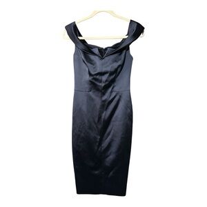 KAREN MILLEN Navy Satin Origami Cold Shoulder Bardot Pencil Dress Size US 6